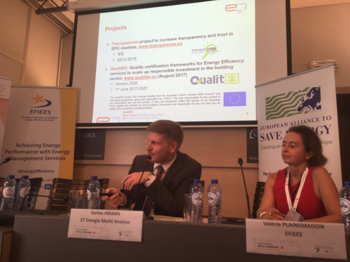 EFIEES's tweet photo. S. Amann from e7 introduces #H2020 #QualitEE project- dvp of tech &amp; financial quality criteria for #EnergyEfficiency services  #EUSEW17 https://t.co/4qB3y2Cfv7