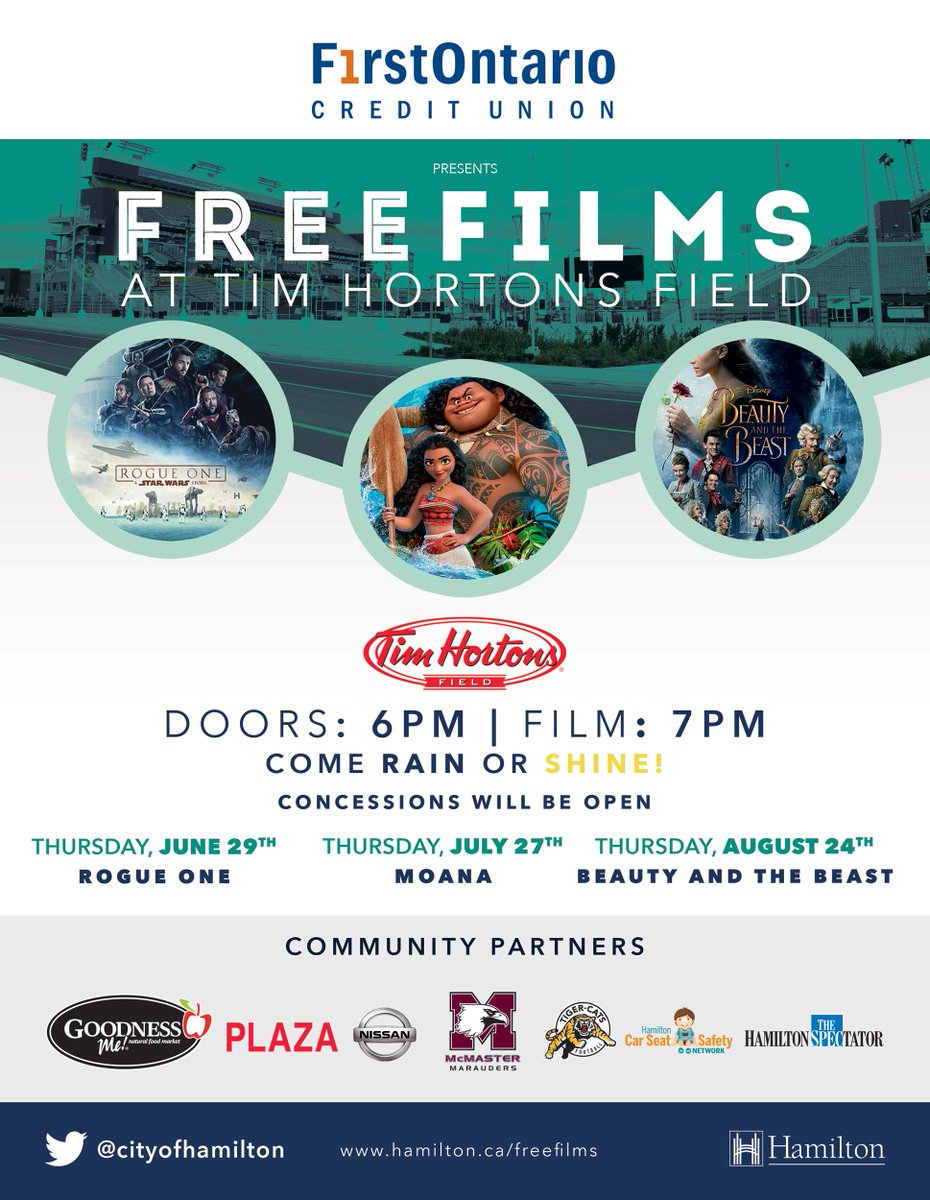 cityofhamilton's tweet photo. FREEFILMS at Tim Hortons Field kicks off 1 week from today with 'Rogue One'. Details: https://t.co/Q37apBSwiS #HamOnt https://t.co/JApvJOGElC