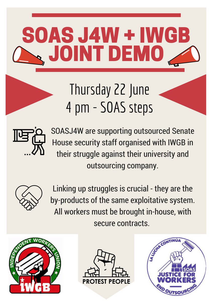 TODAY 4pm SOAS J4W + IWGB DEMO!
@SOASJ4C 

#Justice4workers #SHAMEonSOAS