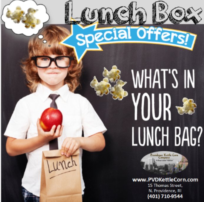 PvdKettleCorn's tweet photo. What's in your lunch bag? Got #kettlecorn? Offering a Lunchbox Special (10 bags traditional kettle corn for $10)!! https://t.co/TuuhLwN9i1 https://t.co/a3BT7cWvs0
