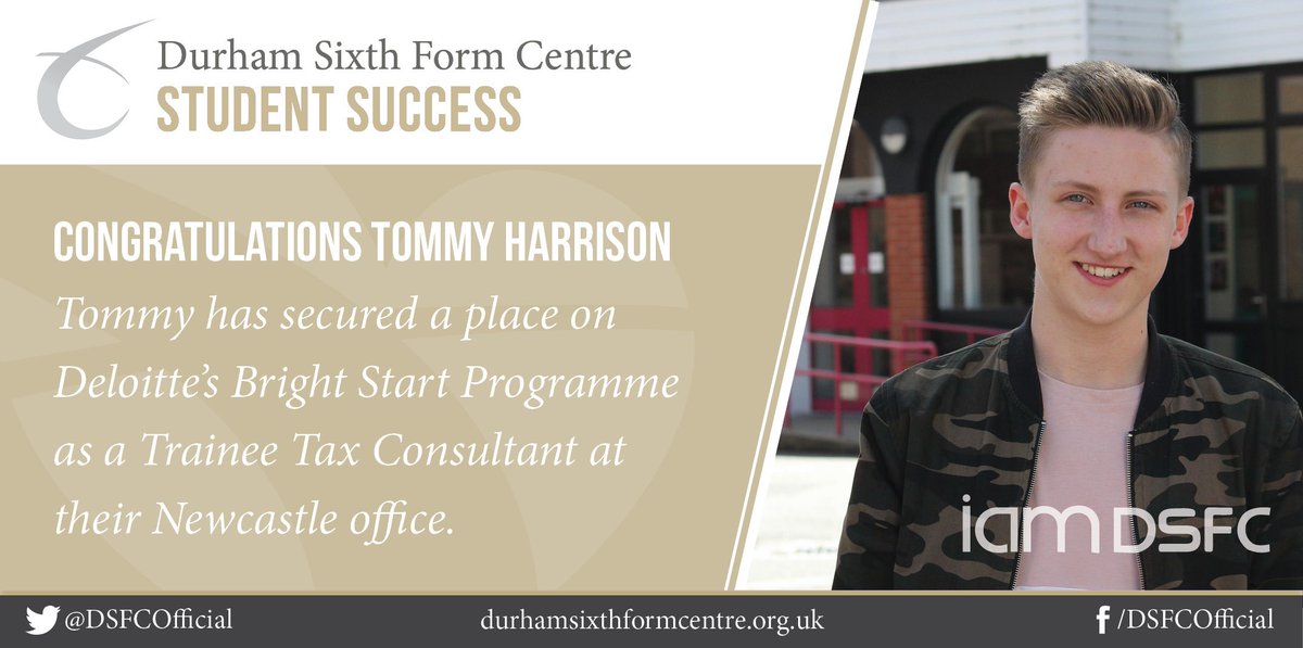 DSFCOfficial's tweet photo. STUDENT SUCCESS: Congratulations Tommy Harrison, who has secured a place on Deloitte’s Bright Start Programme as a Trainee Tax Consultant. https://t.co/QPRLxGNZe0