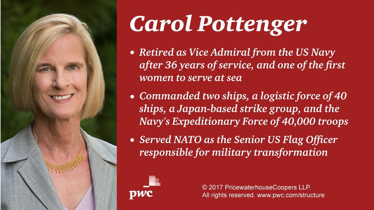 Timothy_F_Ryan's tweet photo. Meet 1 of our new @PWC_LLP board adds, Navy veteran Carol Pottenger. More on her experience &amp; contributions here: https://t.co/Q8kOKKH9L9 https://t.co/QEVlsi0gle
