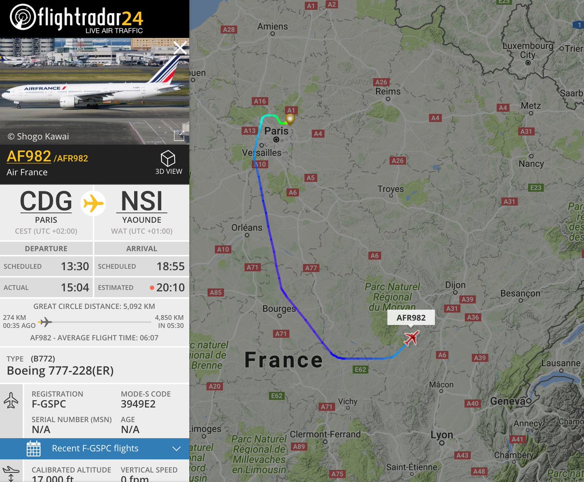 flightradar24's tweet photo. #AF982, Paris-Yaounde, squawking 7700 and returning to Paris with a technical issue. https://t.co/X8dnCpeWTi https://t.co/61DUNI7LF5