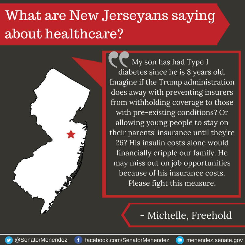 SenatorMenendez's tweet photo. Thank you Michelle for bravely sharing your story. We can't let Republicans take away essential protections for preexisting conditions https://t.co/YYZagzsyXH