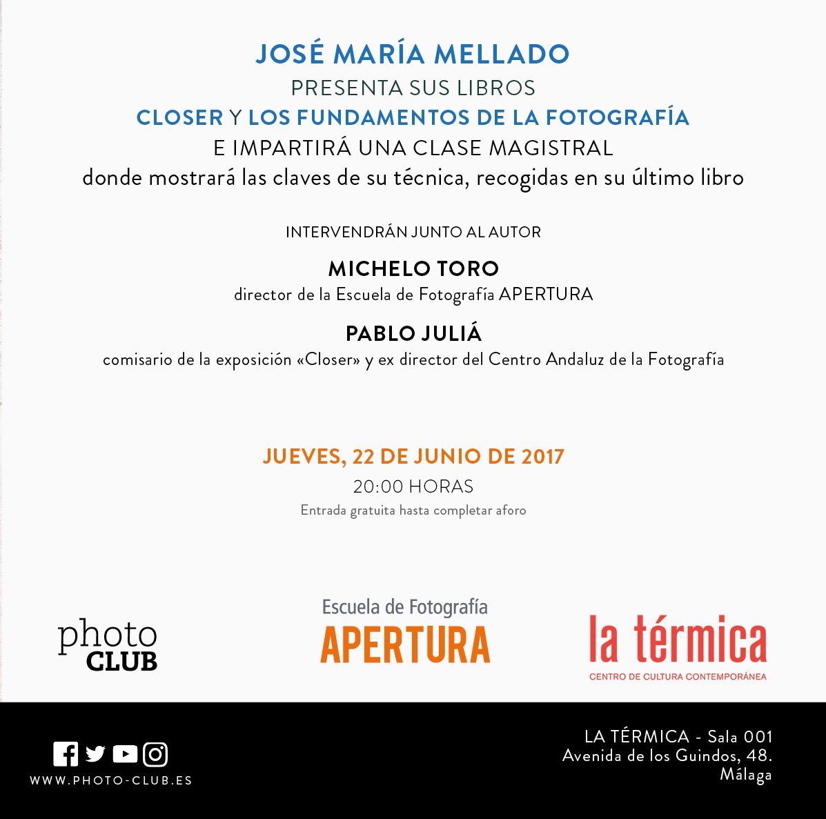 PhotoClub_es's tweet image. Recuerda que esta tarde José María Mellado imparte clase magistral de fotografía en @latermicamlg de #Málaga. Entrada libre. ¡Te esperamos!