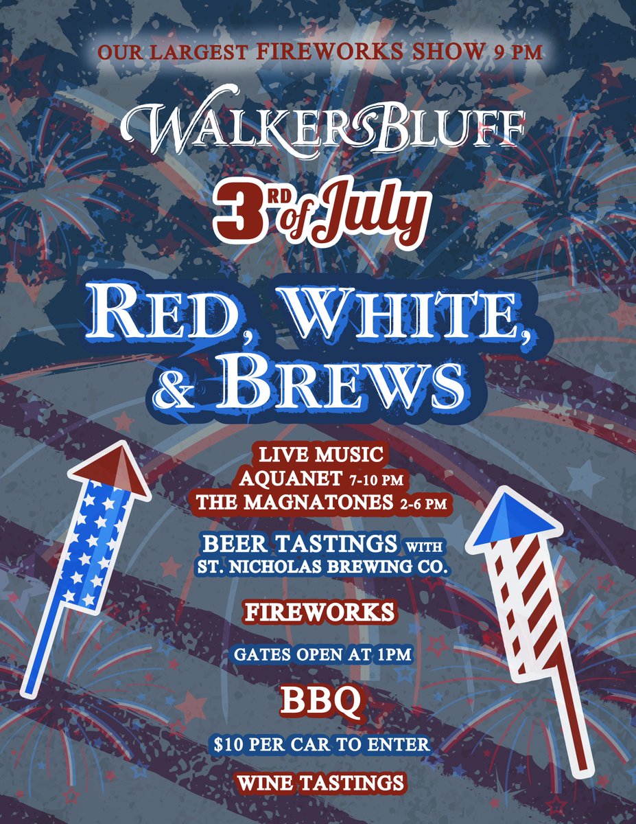 Walkersbluff's tweet image. Red, White, &amp;amp; Brews on the 3rd of July! Largest Fireworks Show of the Year + Wine &amp;amp; Beer Tastings + Live Music #redwhiteandbrew #fireworks