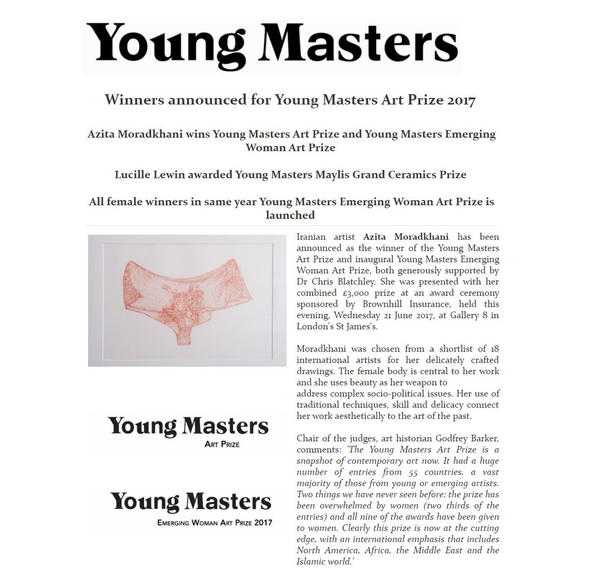 corbettGALLERY's tweet photo. #Winners announced for #YoungMastersArtPrize 2017 #EmergingWoman & #CeramicsPrize 🥇https://t.co/GzmRPZYr4O 🥇#AzitaMoradkhani 🥇#LucilleLewin https://t.co/zNIQx84iTa