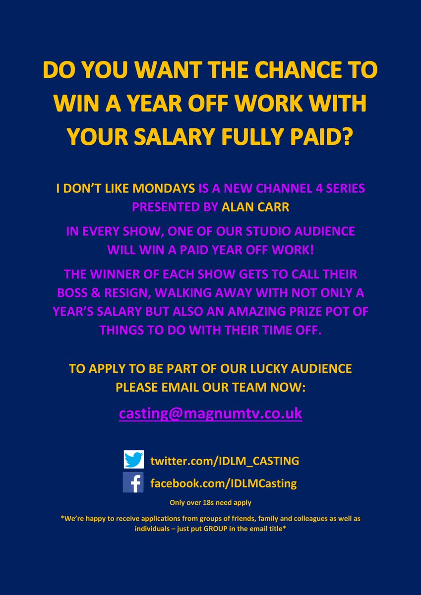 Don't like Mondays? Want the chance to win a year off work with your salary fully paid? Apply now to be in our lucky audience! #newseries