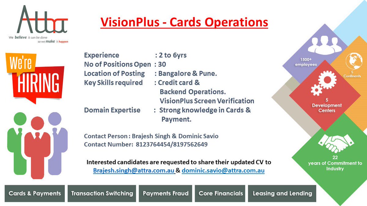 VisionPlusUsers's tweet photo. Lots of opportunities for VisionPlus -  cards operations. Interested applications can share their profile to brajesh.singh@attra.com.au https://t.co/E5QBCQXiaf