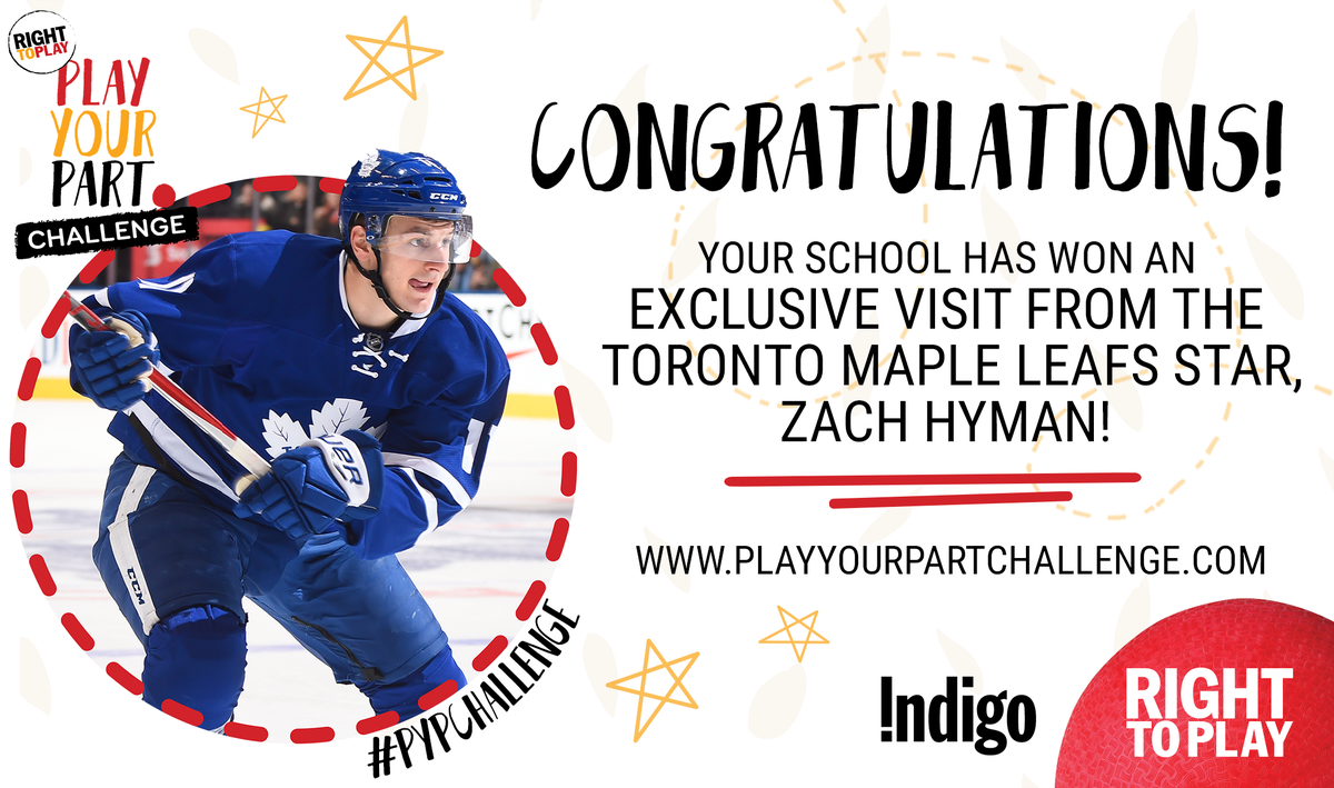 RightToPlayCAN's tweet photo. Congratulations @SouthFieldsV! @ZachHyman is SUPER excited to be visiting you soon! #PYPChallenge #WorkHardPlayHard https://t.co/oD2xpJS7nD