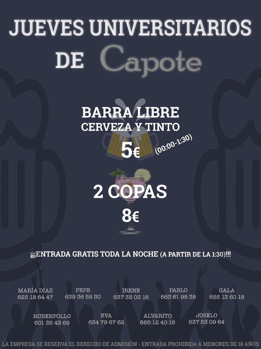 Mira lo que tenemos esta noche en Capote!!! Jueves universitario con barra libre de cerveza y tinto y descuento en copas. ¿Vienes?
