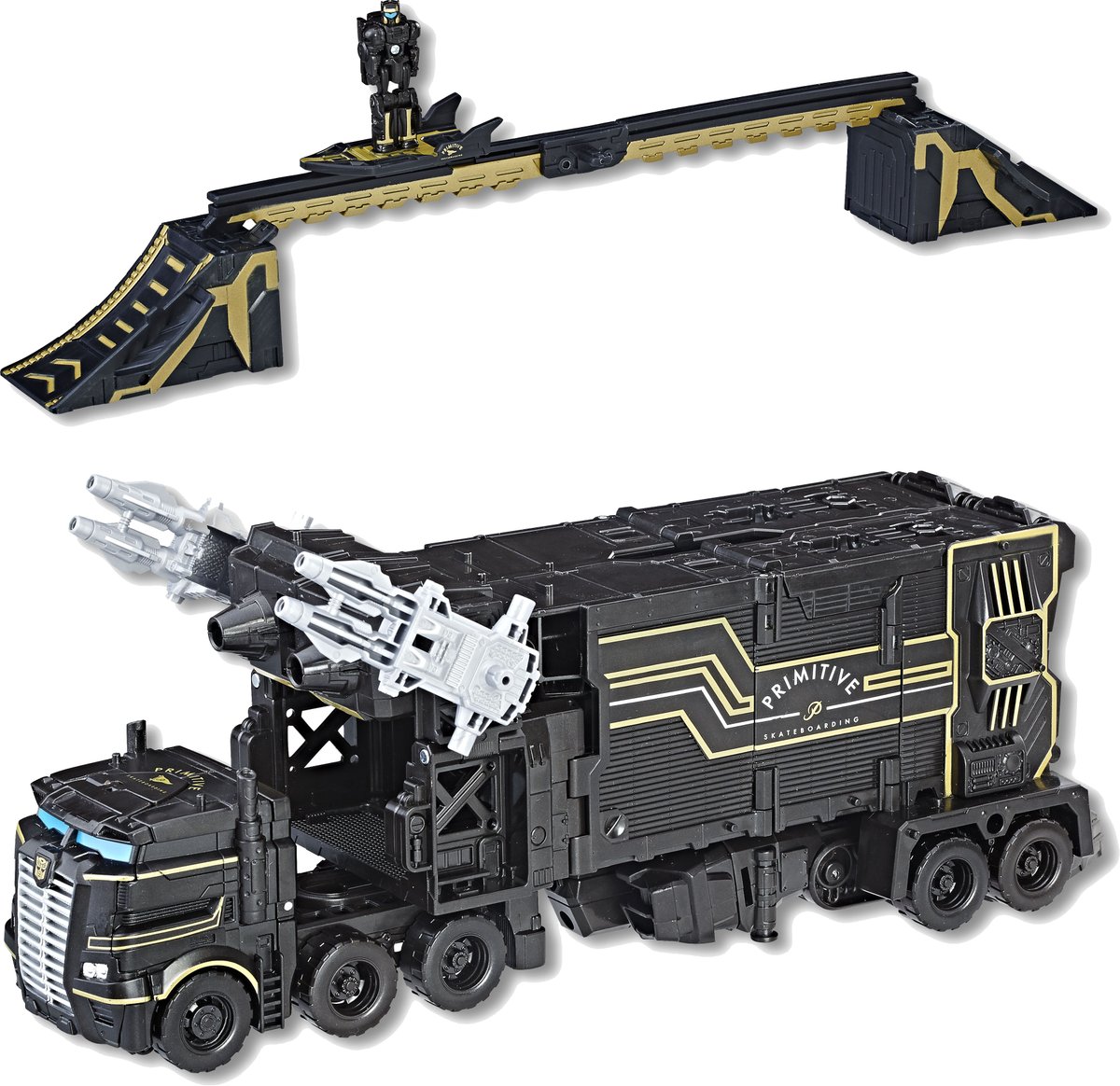 TRANSFORMERS PRIMITIVE OPTIMUS PRIME w/TITAN MASTER SHREDDICUS MAXIMUS & rail, ramp, hoverboard accessories. $49.99/SDCC2017 & HasbroToyShop