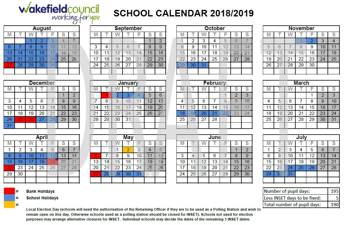 WakefieldEduc's tweet photo. The proposed @MyWakefield School Calendar for 2018/19 is on the website for comments. Have your say here: https://t.co/Np545G8sIl https://t.co/Qs7kefdt7j