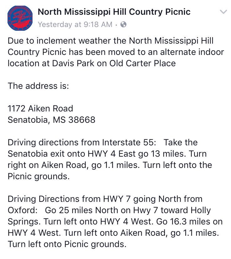 LivingBlues's tweet photo. Alternative location for the North Mississippi Hill Country Picnic due to the approaching tropical storm. https://t.co/am6iqNsh8X