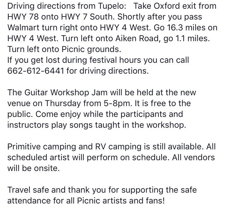 LivingBlues's tweet photo. Alternative location for the North Mississippi Hill Country Picnic due to the approaching tropical storm. https://t.co/am6iqNsh8X