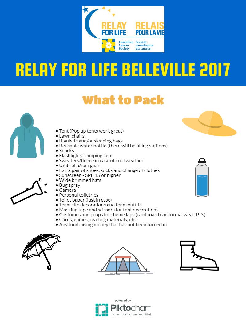 We're one day away from #RelayForLife Belleville 2017. Review our handy What to Pack list. Remember Mother Nature doesn't always cooperate!