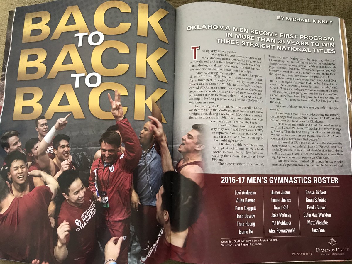 wellsgymn's tweet photo. Thanks to @EyeAmTruth for this great article in June 2017 issue of Sooner Spectator. Special season for men's gym &amp; OU overall. 🏆🏆🏆 #ChampU https://t.co/95Vh4ulprh