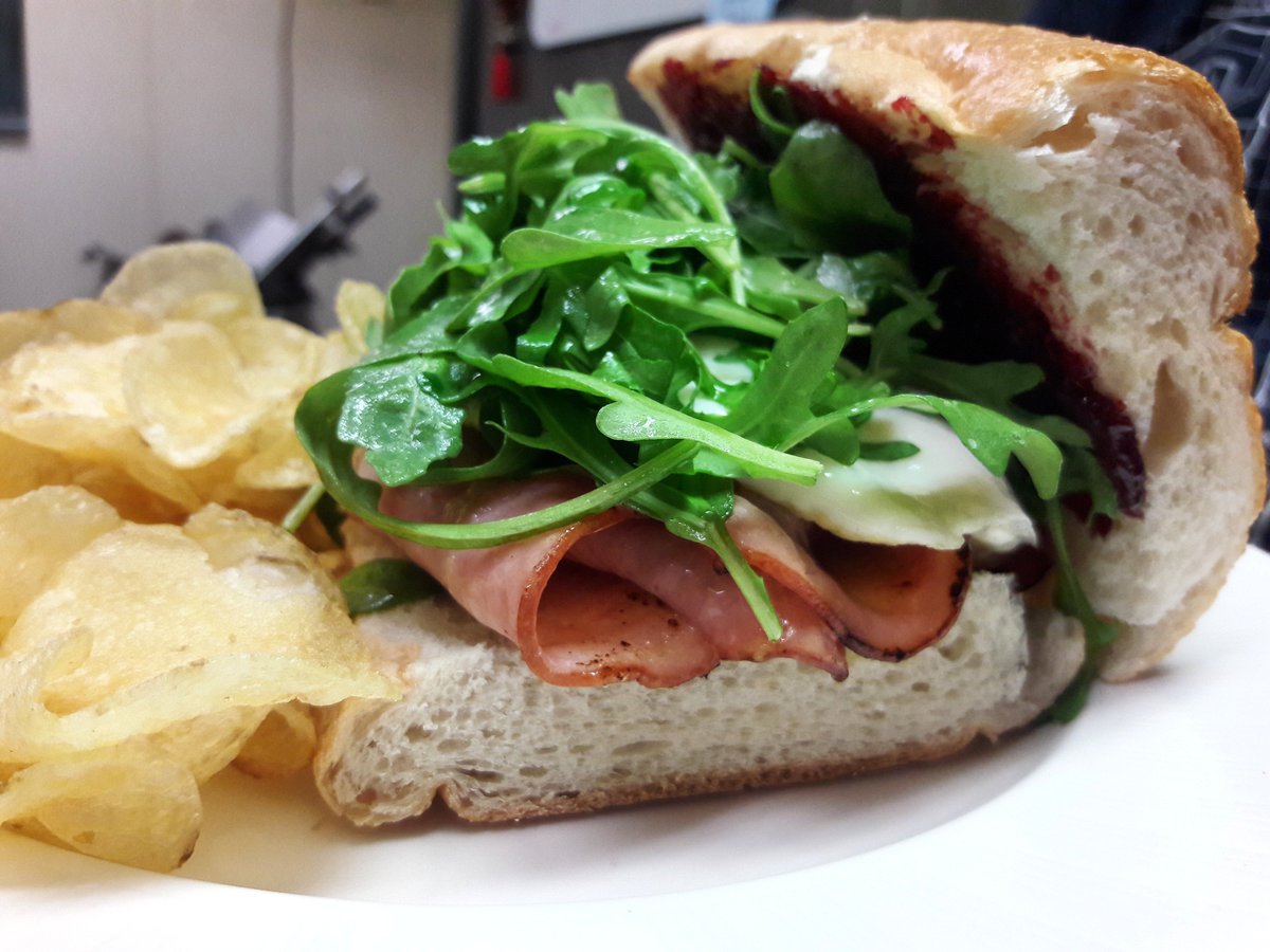 GreenbriarCafe's tweet photo. To Brie or Not to Brie: ham, brie, arugula, raspberry jam, egg on baguette w/chips. Get it before its gone!

#rva #rvadine #rvafood #vcueats https://t.co/To5L2qYwU9