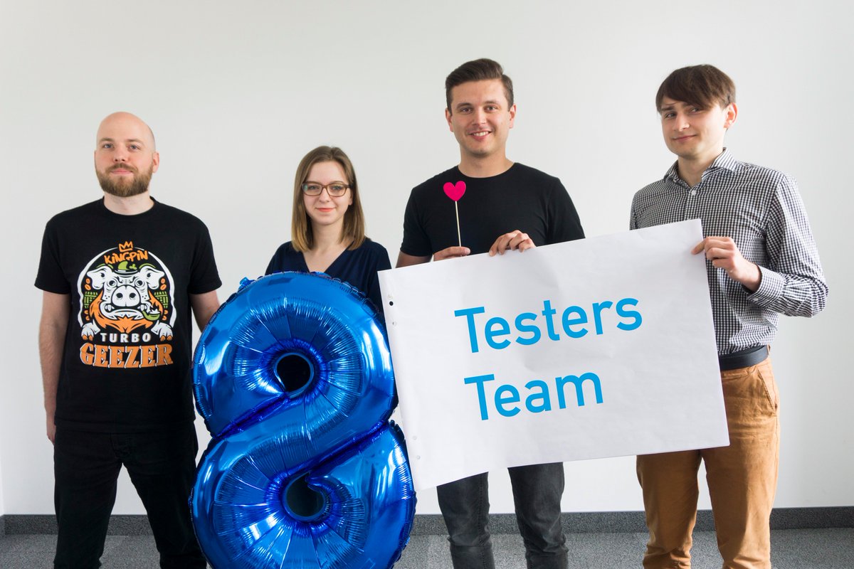 polidea's tweet photo. #PolideaTesting team: big 4 and big 8 :) #PolideaBirthday #teamspirit #cooperation #anniversary https://t.co/Y0q7ZBNEAx