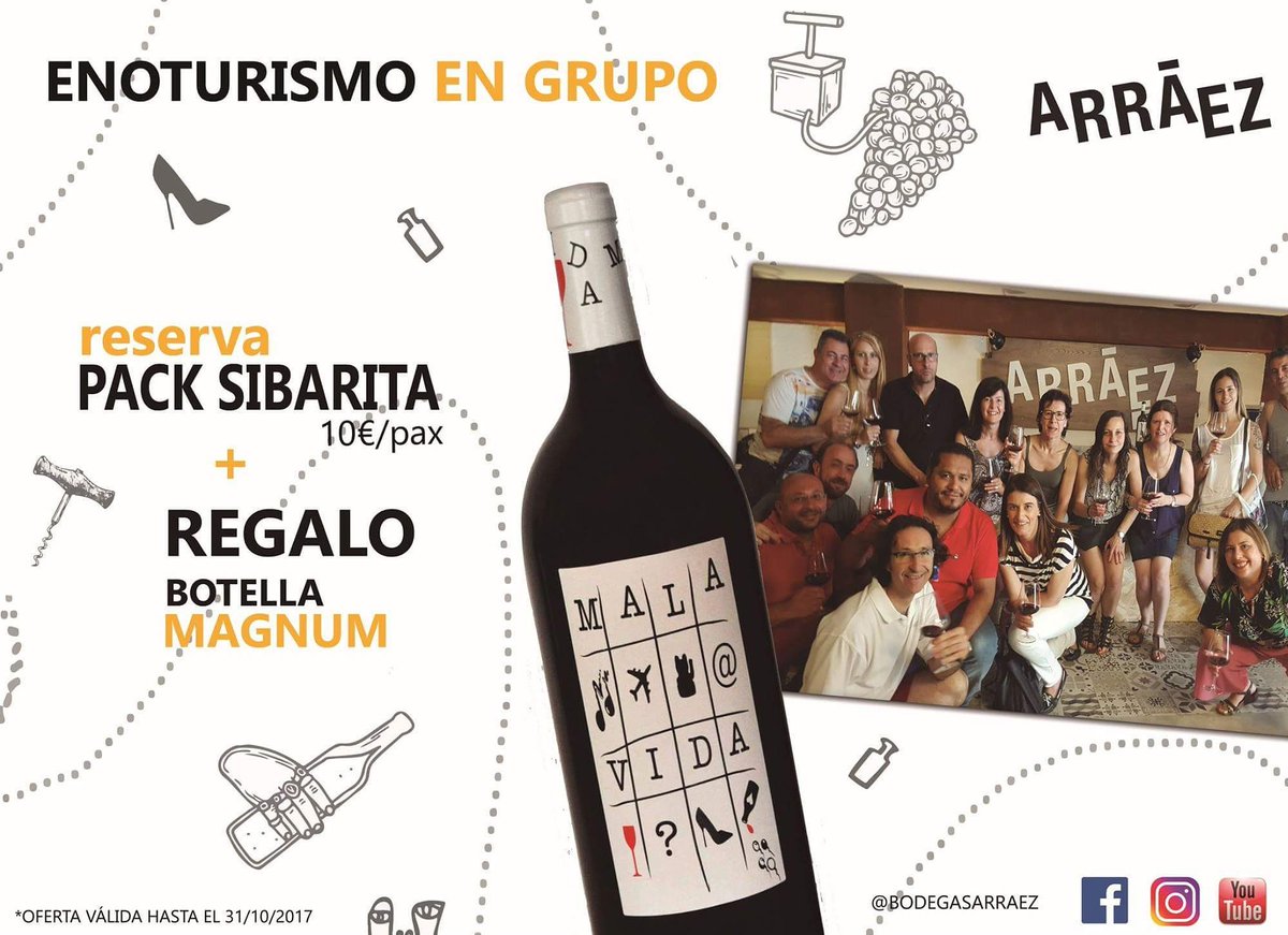 BodegasArraez's tweet photo. Ven con 7 amigos a @bodegasarraez y llévate de regalo 1 botellón Mala Vida de 1,5L. Info al 96 229 00 31 o a enoturismo@bodegasarraez.com https://t.co/CaDZh4v2K4