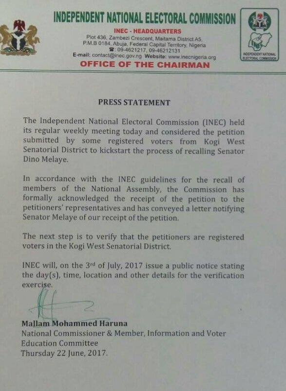 INEC has released timetable & schedule of activities for recall of the senator representing Kogi West Senatorial District, Kogi State, Dino Melaye.