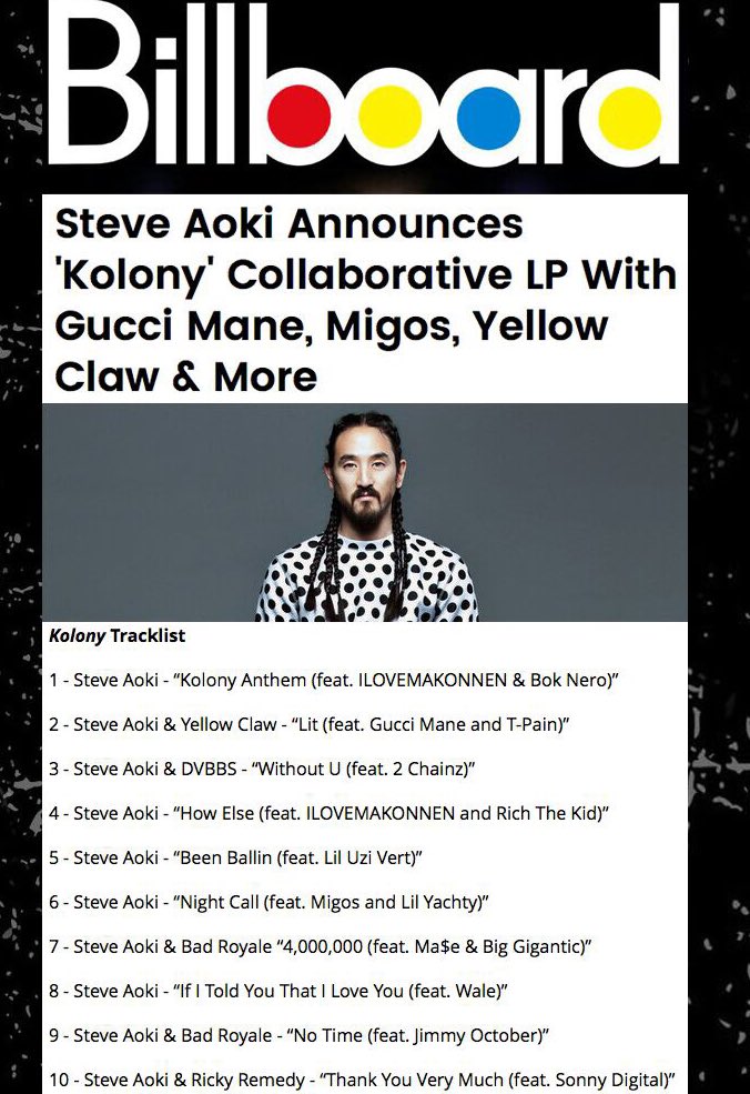 BOK_NERO's tweet photo. Have you seen the tracklist posted by @billboard for the new @steveaoki album 'Kolony' https://t.co/H8fuHAGo89