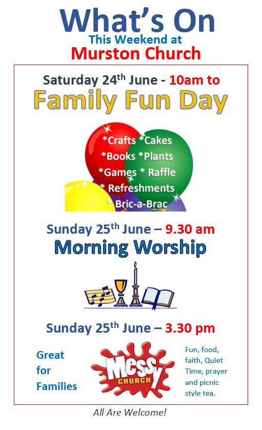 MurstonCommHub's tweet photo. This is #WhatsOn this #Weekend at #MurstonChurch:
#FamilyFunDay
#SundayMorningWorship &amp;
#MessyChurch
#EveryoneWelcome @BeneficeLife
@c_of_e https://t.co/CfmIwAG6aB