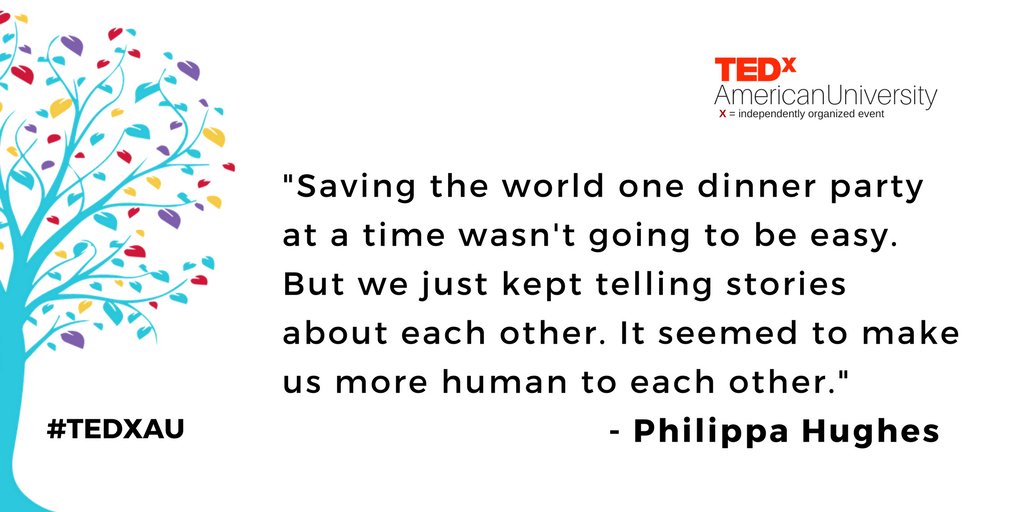 TEDxAmericanU's tweet photo. Philippa Hughes talks about the importance of creating opportunities to close the divide among people. She uses the dinner table. #TEDxAU https://t.co/t5eI1CPAol