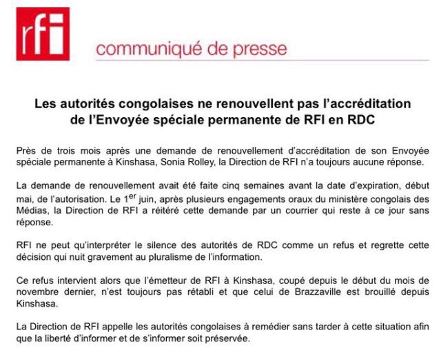 soniarolley's tweet photo. #RDC : les autorités ne renouvellent pas l'accréditation de l'envoyée spéciale permanente @RFI en RDC - communiqué @RFI https://t.co/UIxun1LIa8