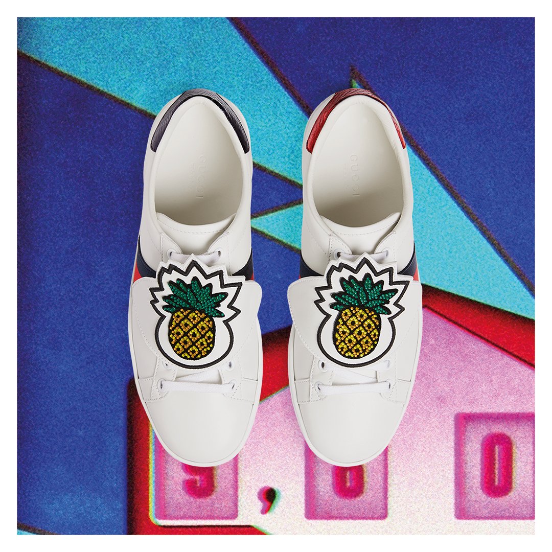 gucci's tweet photo. Multiple combinations for a personalized design: the new #GucciAce sneakers with removable patches. #GucciPreFall17 https://t.co/QFLpqEQ0SW https://t.co/DgOLfuzk1p