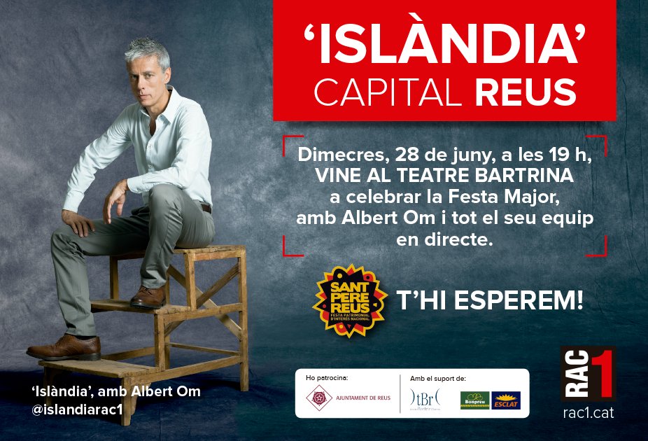 El conseller <a href="/SantiVila/">Santi Vila</a>, <a href="/nuncaquema/">Islandia Nunca Quema</a>, <a href="/fitoluri/">fito luri</a> i <a href="/AngelsGonyalons/">Àngels Gonyalons</a> seran al programa especial d'<a href="/islandiarac1/">Islàndia RAC1</a> a Reus. I vosaltres?