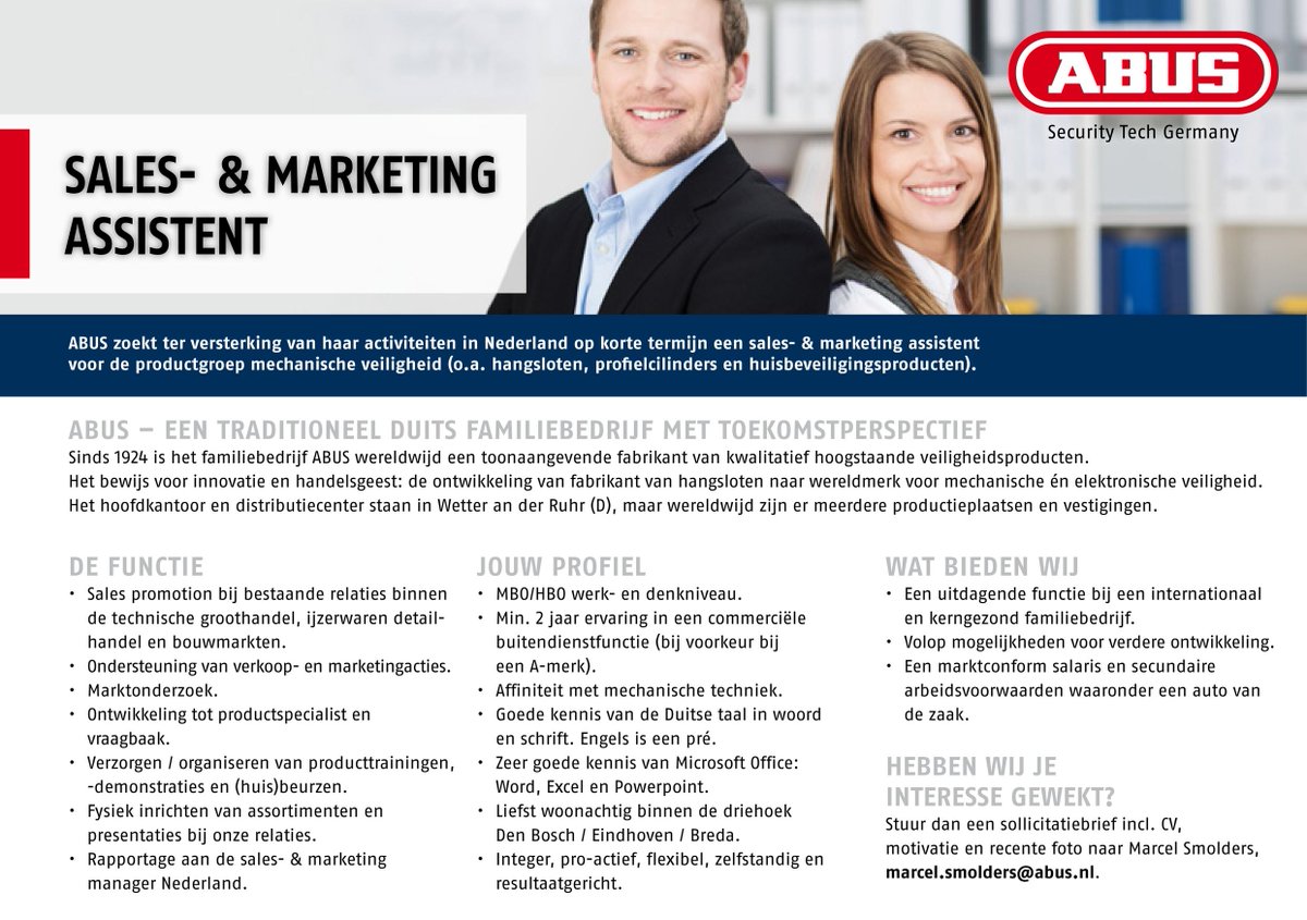mixprobanen's tweet photo. ABUS zoekt een sales- en marketing assistent https://t.co/ExUtAUiNxq #abus #vacature #vacatures https://t.co/1ZpoOXsbxJ https://t.co/Ym1NG4Vbok