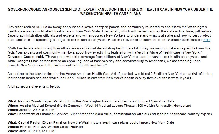 sarbetter's tweet photo. Governor Cuomo is organizing a series of panels on "the future of healthcare in NY under the Washington healthcare Plans" https://t.co/ojwDztqmAP