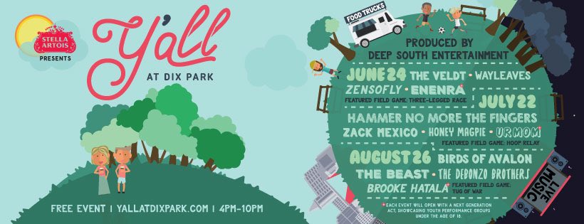 visitRaleigh's tweet image. This Saturday: the first ever Y'all at Dix Park concert event. Music, food trucks, beer tent, field games and more. Free...and pet friendly!