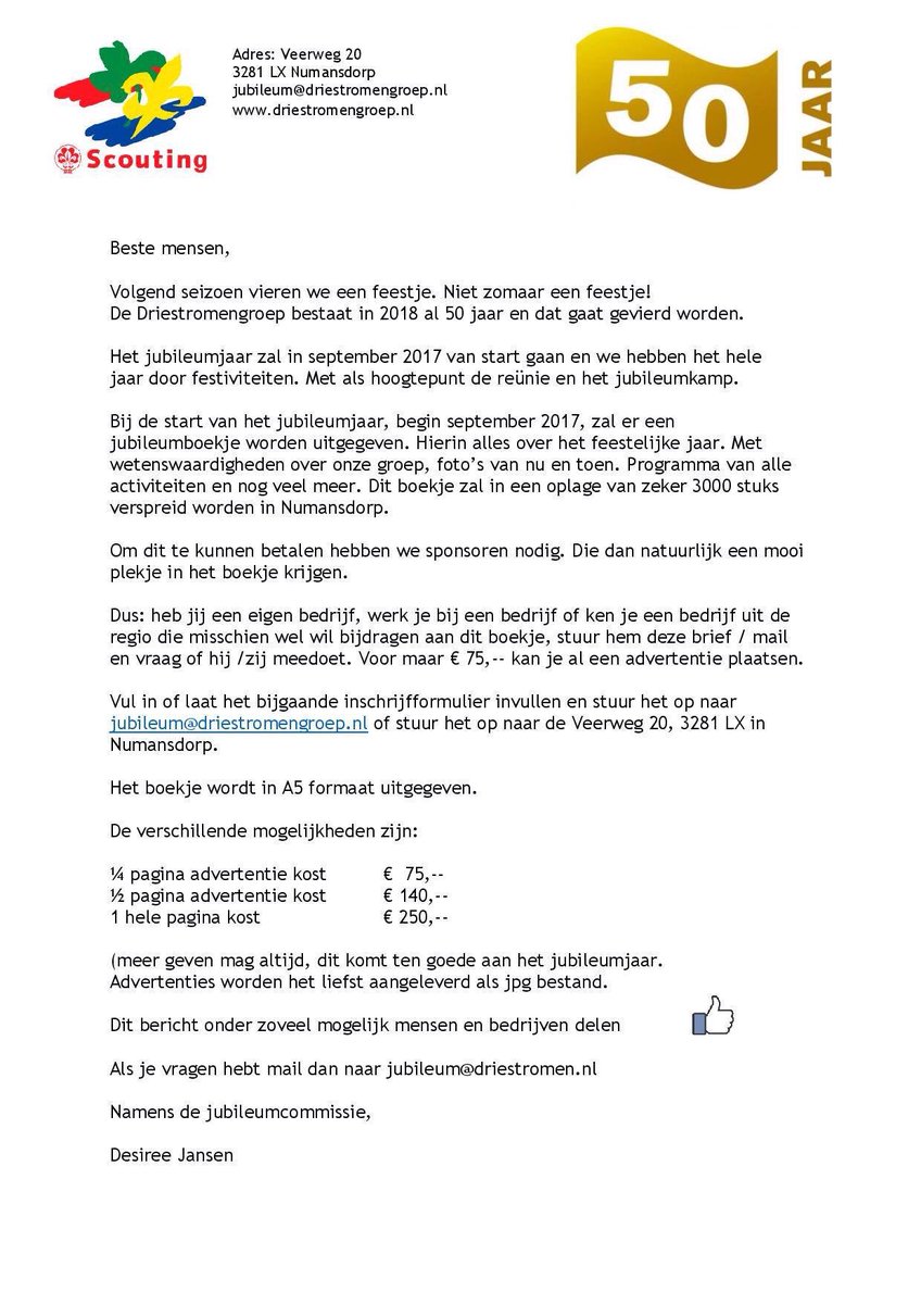 Driestromen's tweet photo. Wij zijn dringend op zoek naar sponsors voor ons jubileumjaar. Wie wil ons steunen? Bijvoorbeeld met een advertentie in ons jubileumboekje! https://t.co/0xqpTv3wjB