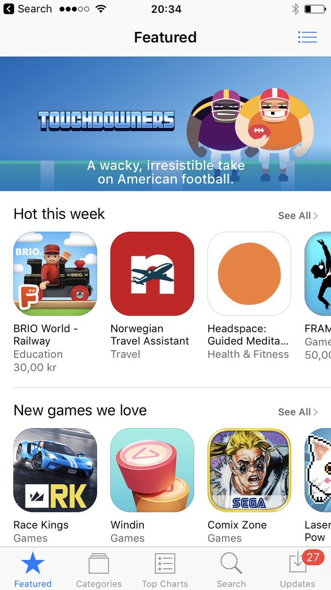 The <a href="/AppStoreGames/">App Store Games</a> is looking great today! Congrats <a href="/ColinWLane/">Colin Lane</a> <a href="/braderkkila/">Brad Erkkila</a> on Touchdowners release. It's american football but fun!