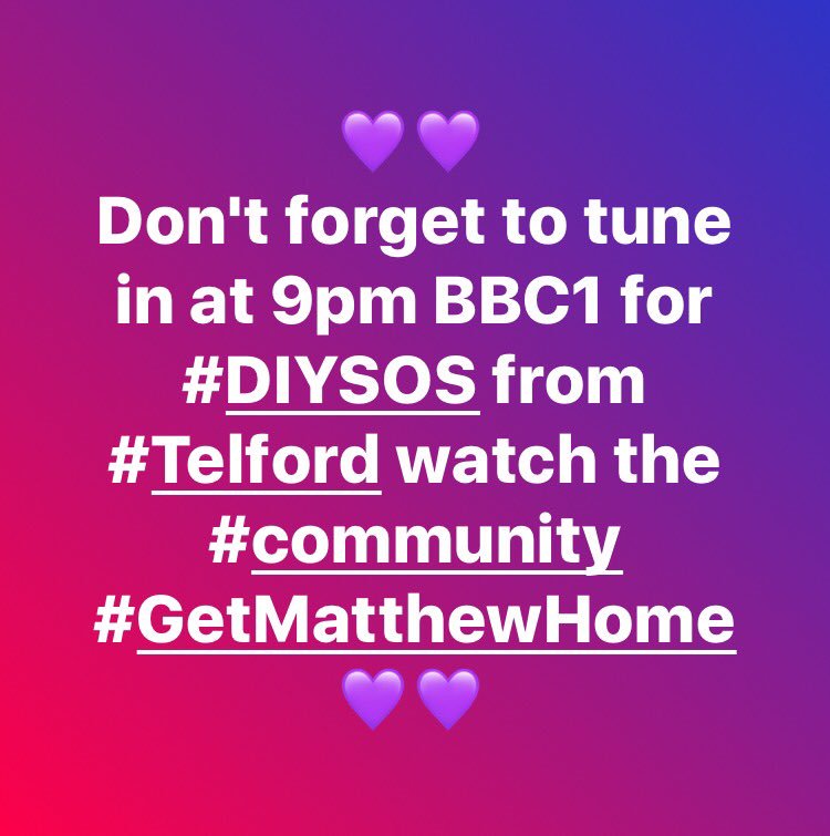 LittleDaveDIY's tweet photo. 💜💜 40 minutes till the great #Telford #community #bringmatthewhome @DIYSOS @MrNickKnowles @CushionCrisis have your tissues ready 🤧🤧💜💜 https://t.co/Rc3L153hTH