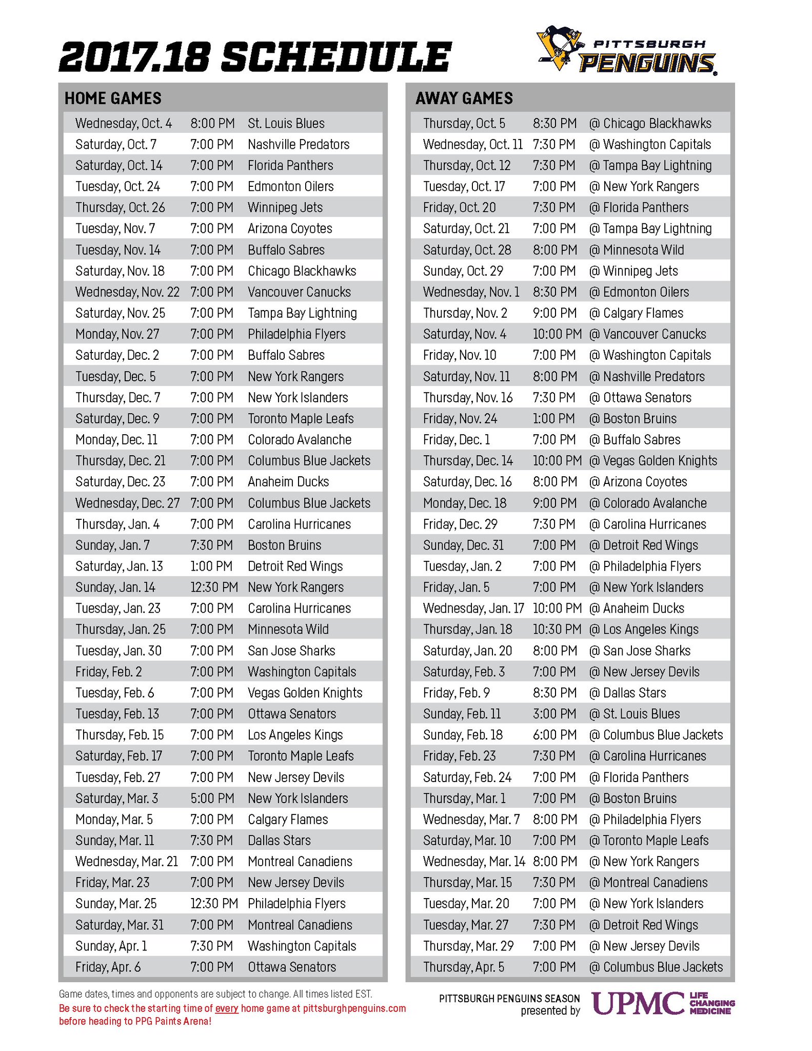 Printable Pittsburgh Penguins Schedule Customize and Print