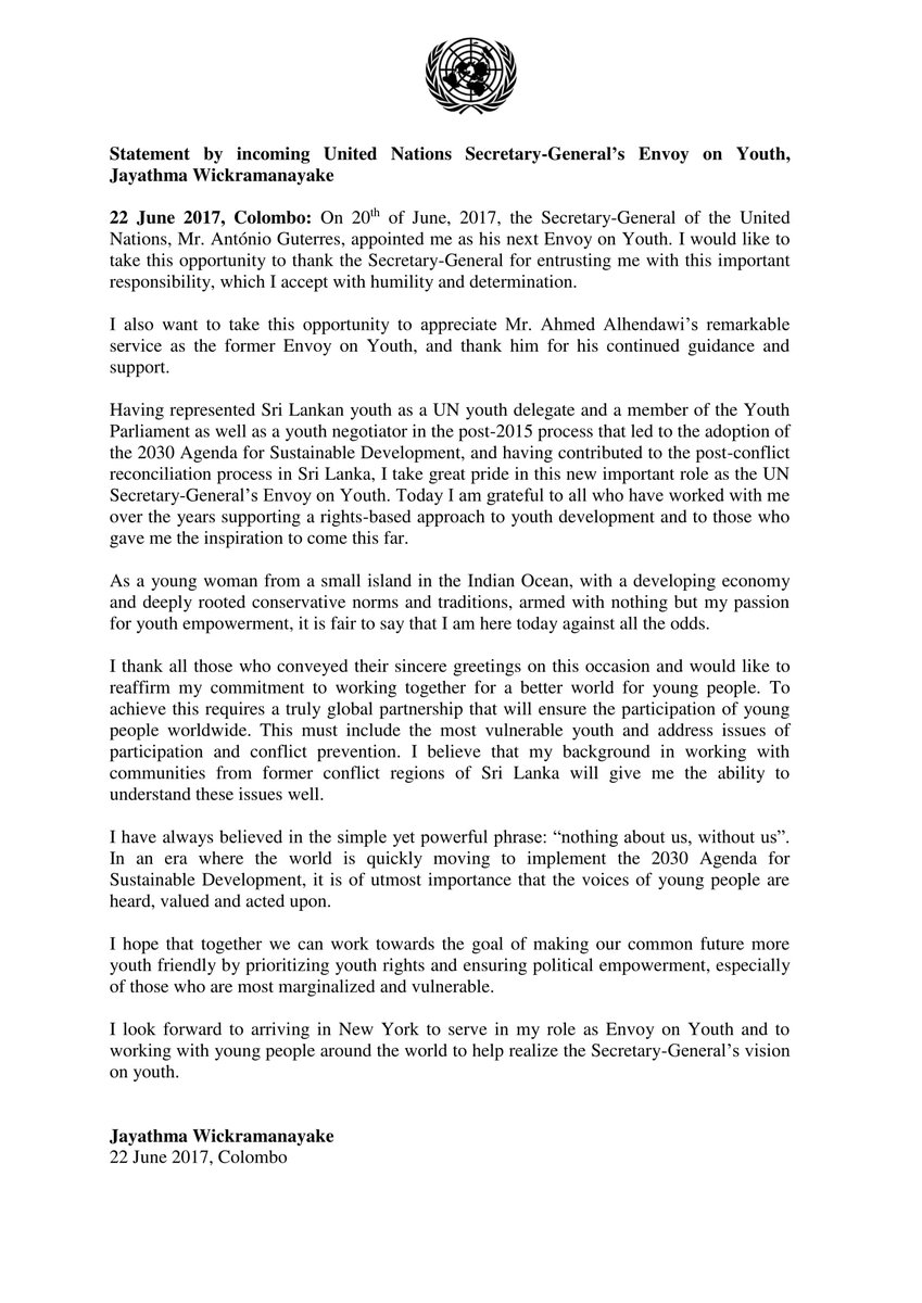 Press release by the incoming UN Youth Envoy. <a href="/UNYouthEnvoy/">UN Youth Envoy</a>