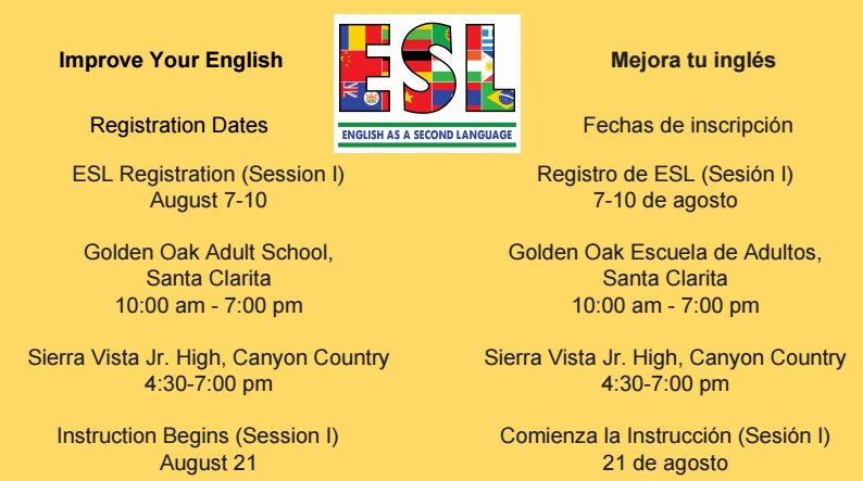 GoldenoakSCV's tweet photo. English as a Second Language Registration Information! #goldenoakadultschool #adulted #ESL https://t.co/X6778kXmMC
