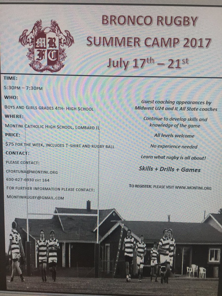 MontiniRFC's tweet photo. Bronco rugby camp July 17-21st at Montini. @RugbyIllinois @MontiniCatholic https://t.co/KdUNvfDfbX