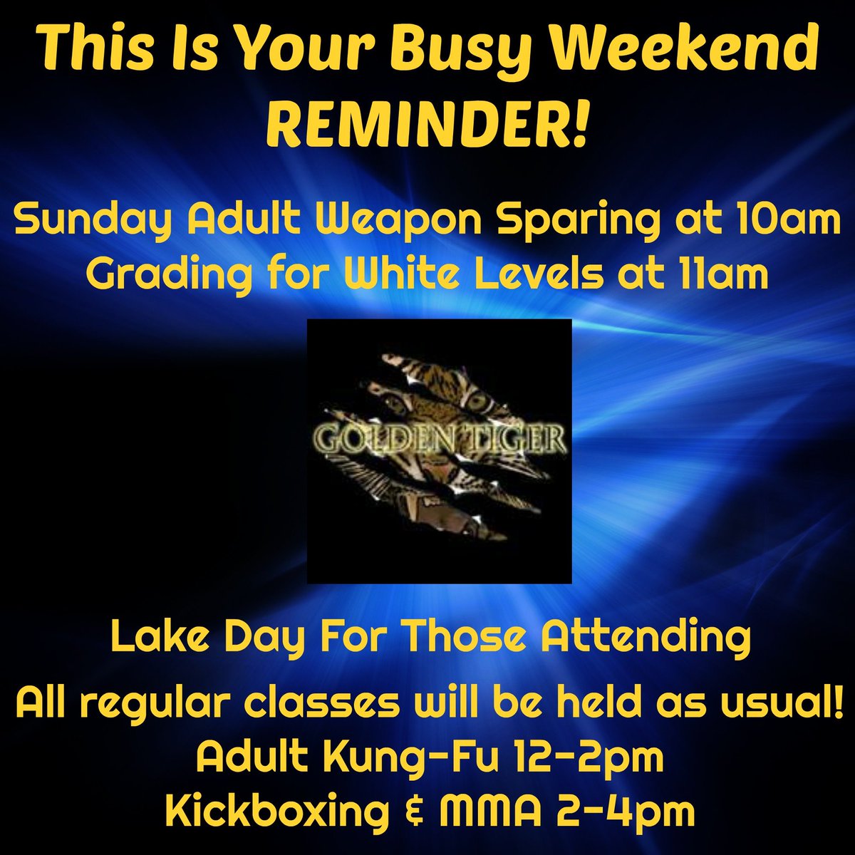 TheGolden_Tiger's tweet photo. Hey everyone! Golden Tiger has a busy weekend! #weaponsparring #kungfu #kickboxing #MMA #summerishere https://t.co/y1YGPlMJU6