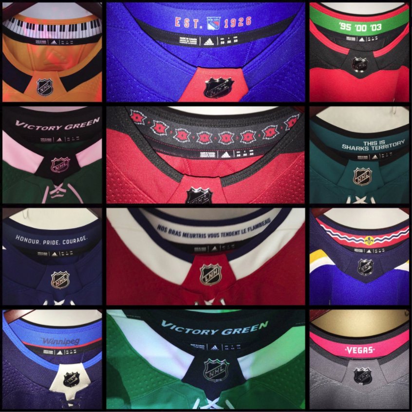 JustDishin's tweet photo. A nice look at every collar from the new @adidashockey jerseys. https://t.co/NJ5L63WrOu