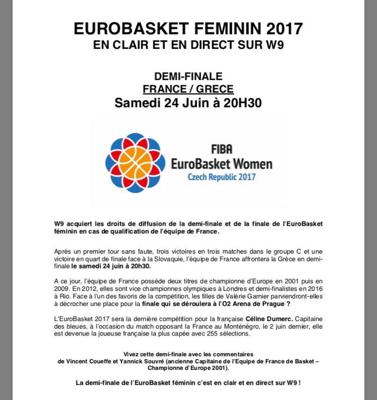 Emmanuellecoh's tweet photo. #EuroBasket féminin. 1/2 finale France /Grèce en exclu et en direct, une grande 1ère pour @W9 https://t.co/6kxOBD40NV