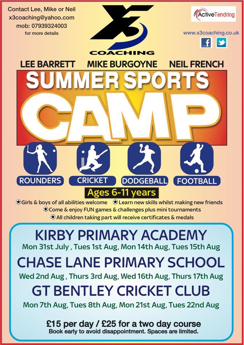 x3Coaching's tweet photo. Dates are out for our summer sports camps at @kirbyreach2 @ChaseLaneSchool @GreatBentleyCC Download booking forms >> https://t.co/pgkpG4yODe https://t.co/JeMAg0mGlv
