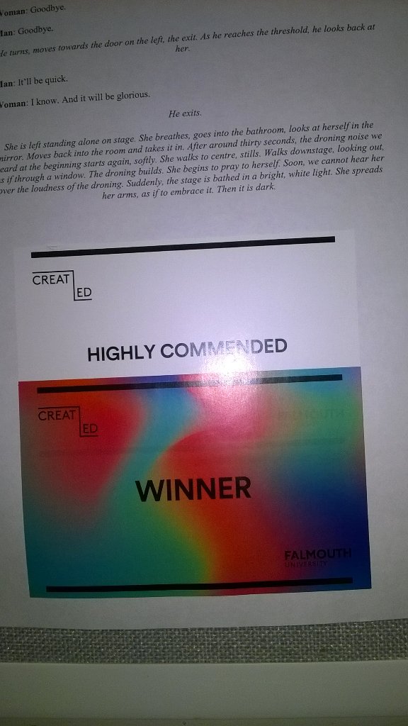 TruroHigh_Art's tweet image. Playwright in year 13 scoops #winner at #createEd 2017 @FalmouthUni