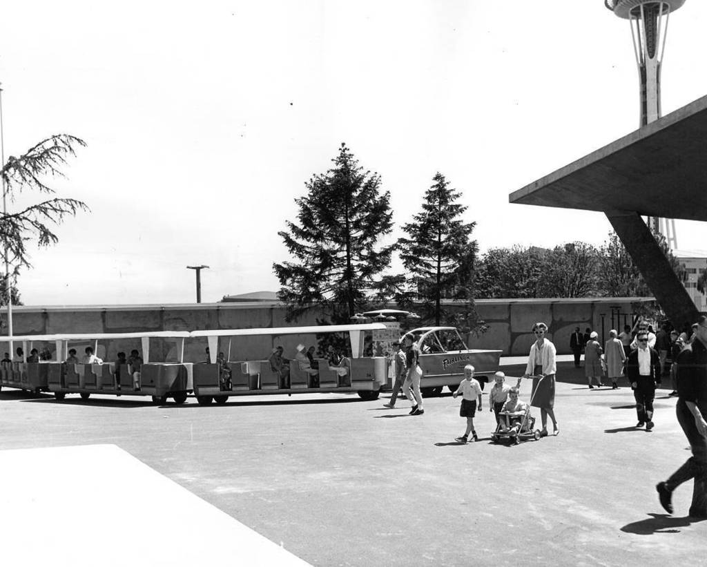 Original caption: "Fairliners tour Seattle Center grounds as they did during World's Fair. But they'll be used onl… ift.tt/2tzbC0W