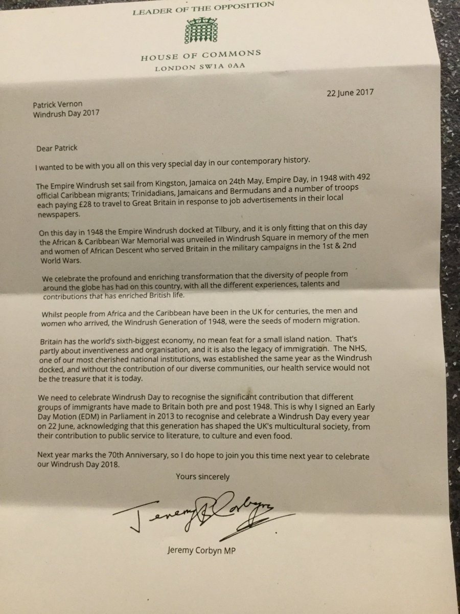ppvernon's tweet photo. @jeremycorbyn Letter supporting #WindrushDay2017 https://t.co/2nMIZs2Clo