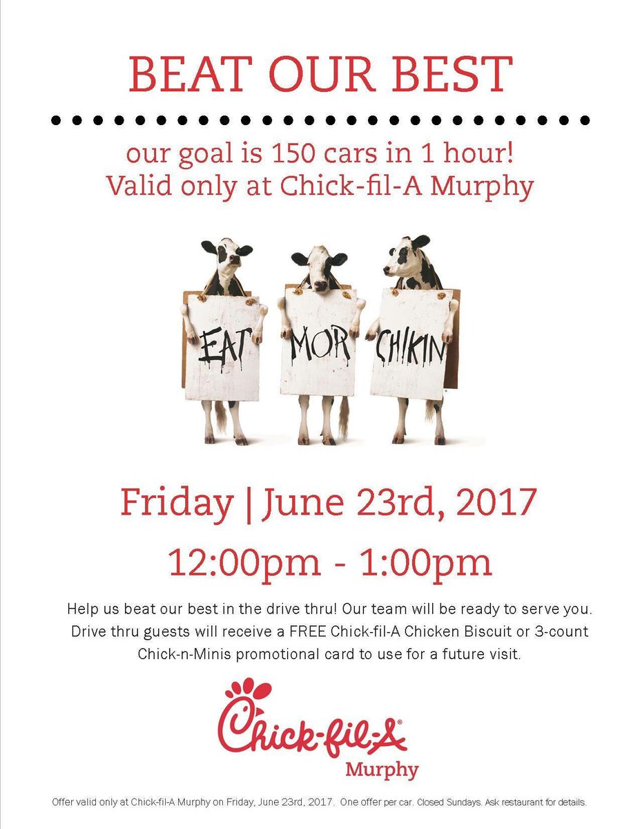 CFAMurphy's tweet photo. Beat our best is tomorrow from 12-1! Our goal is to reach 150 cars that hour. Each car will receive 1 FREE breakfast promotional card! https://t.co/NG75Y33kHH