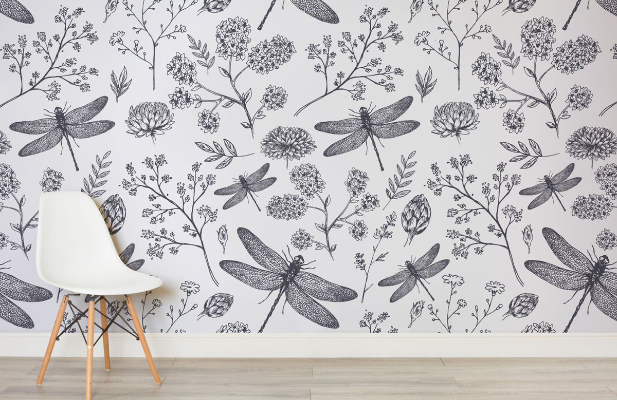 Este diseño de libélulas, flores y plantas es la combinación perfecta entre elegancia y sencillez. ¡Atrévete a usar este papel mural!